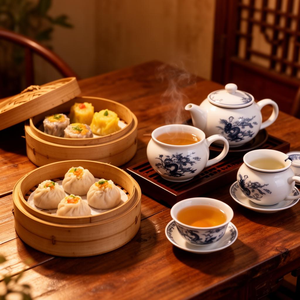 中式茶点餐厅,竹蒸笼与茶具